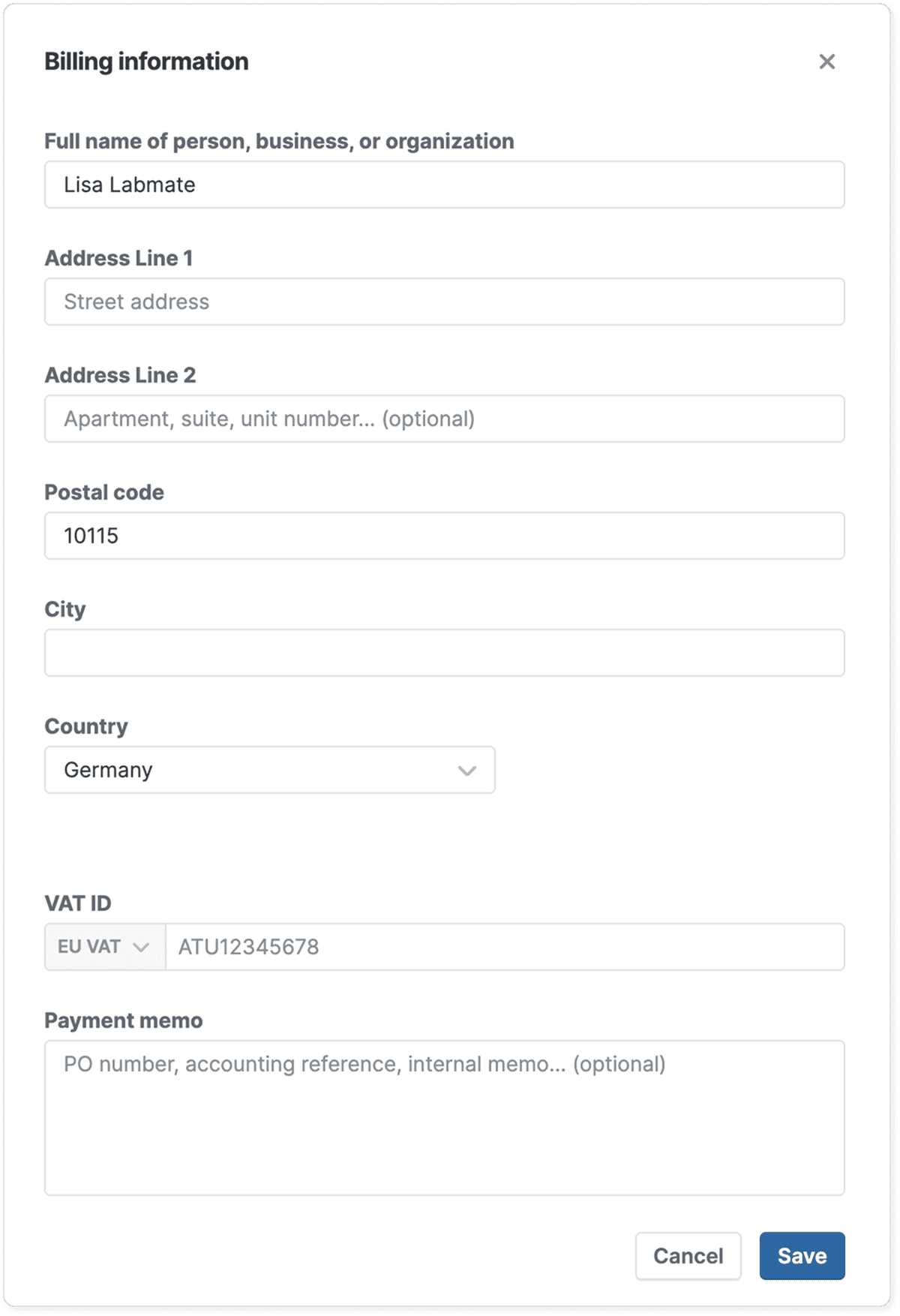 The “Billing information” form with fields for full name, two address lines, postal code, city, country, VAT ID and a payment memo, above Cancel and Save buttons.